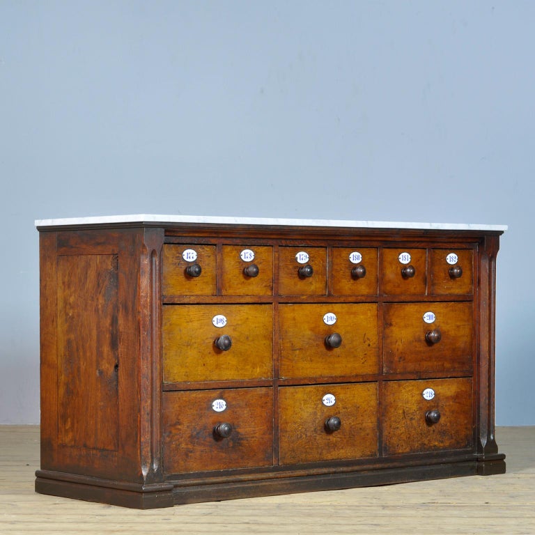 Industrial Apothecary's Chest of Drawers with Marble Top, 1930's