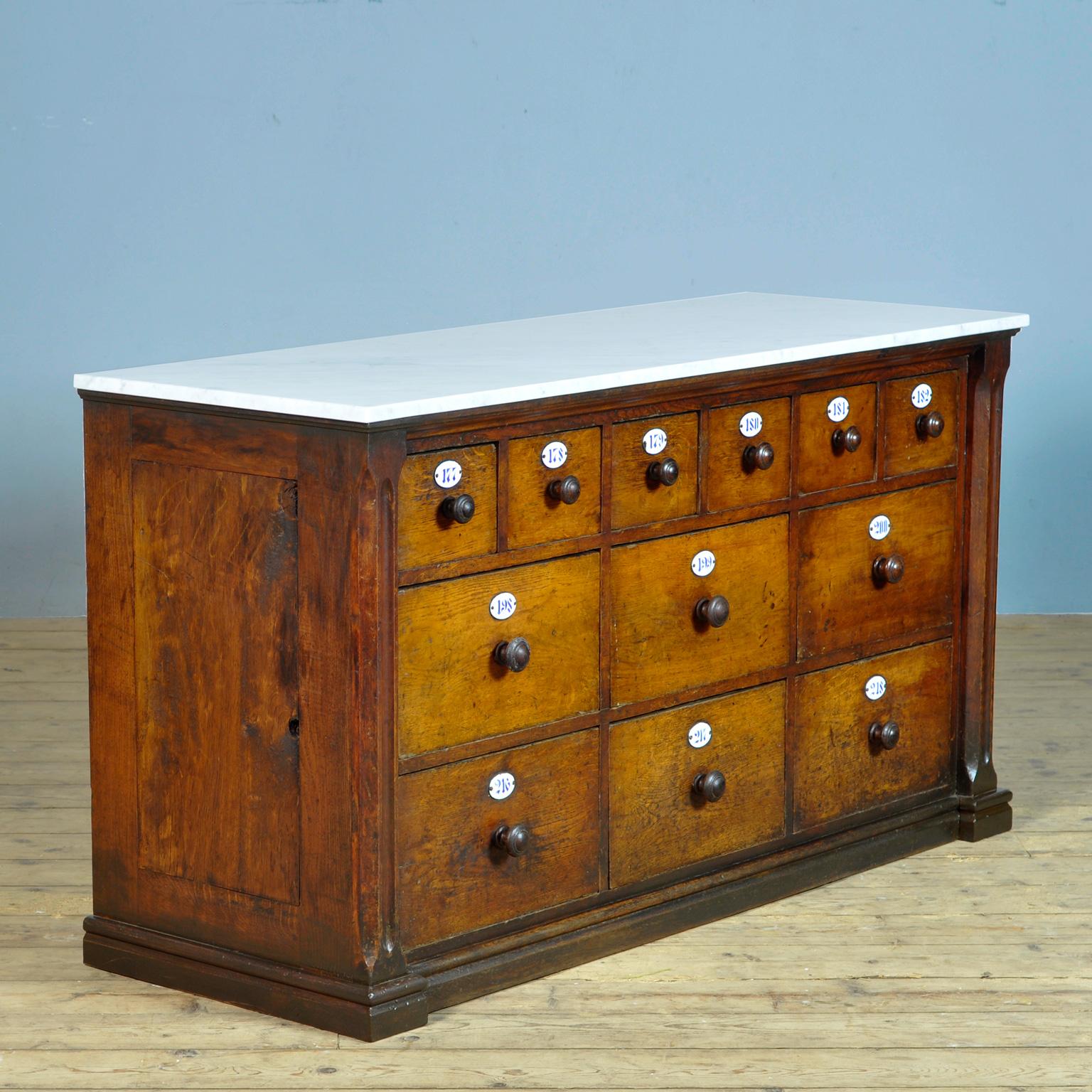 Industrial Apothecary's Chest of Drawers with Marble Top, 1930's