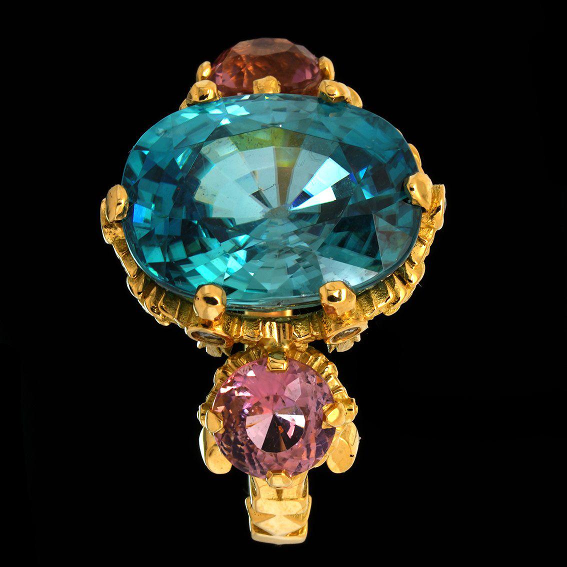 Blue Zircon and Pink Tourmalines gold ring  For Sale 5