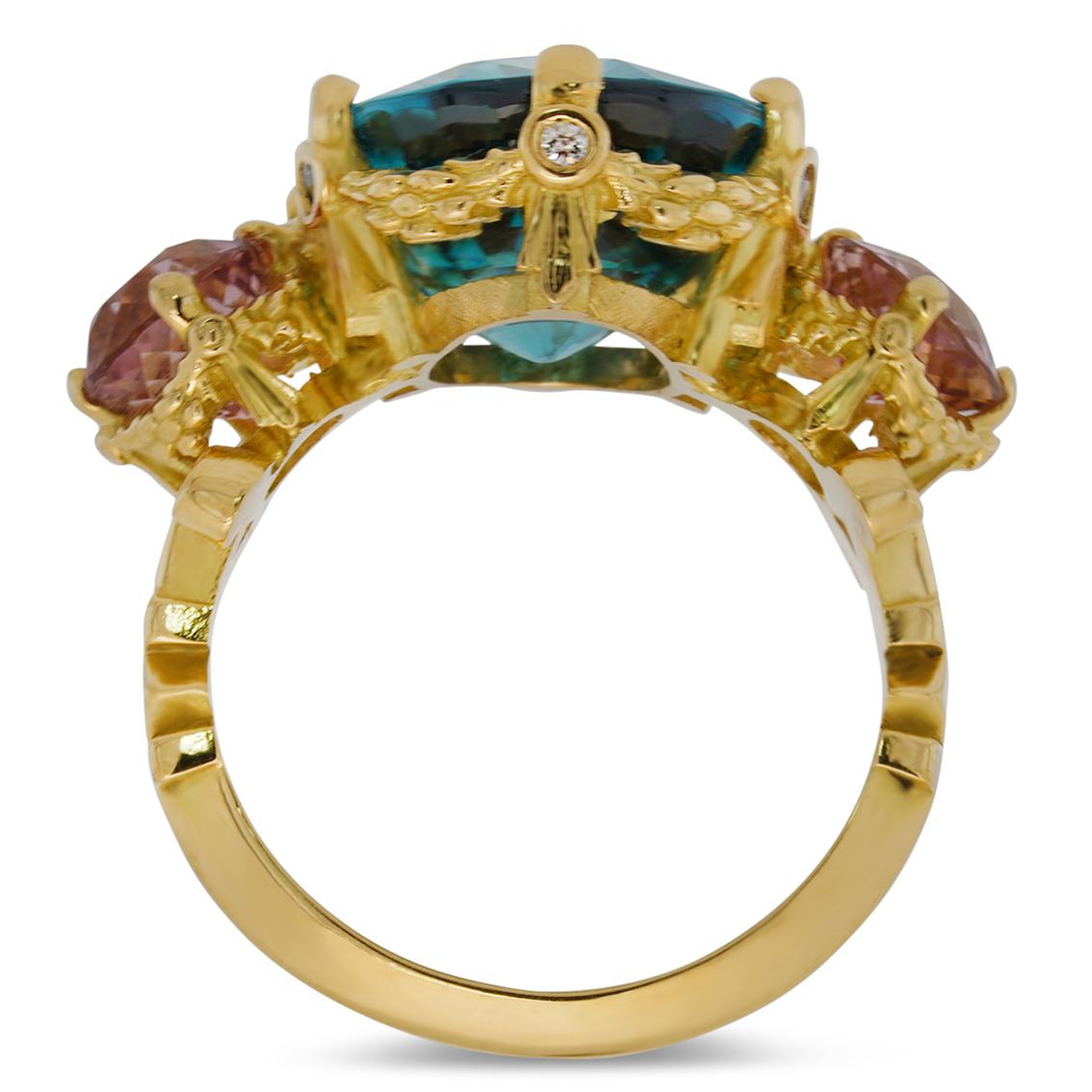 Renaissance Blue Zircon and Pink Tourmalines gold ring  For Sale