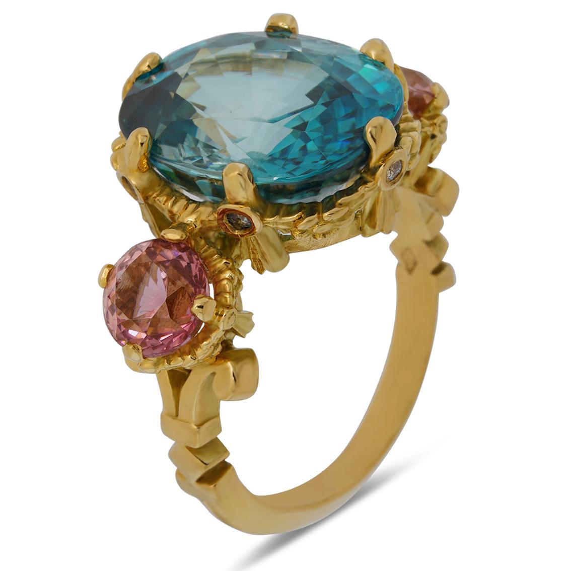 Blue Zircon and Pink Tourmalines gold ring  In New Condition For Sale In Melbourne, Vic