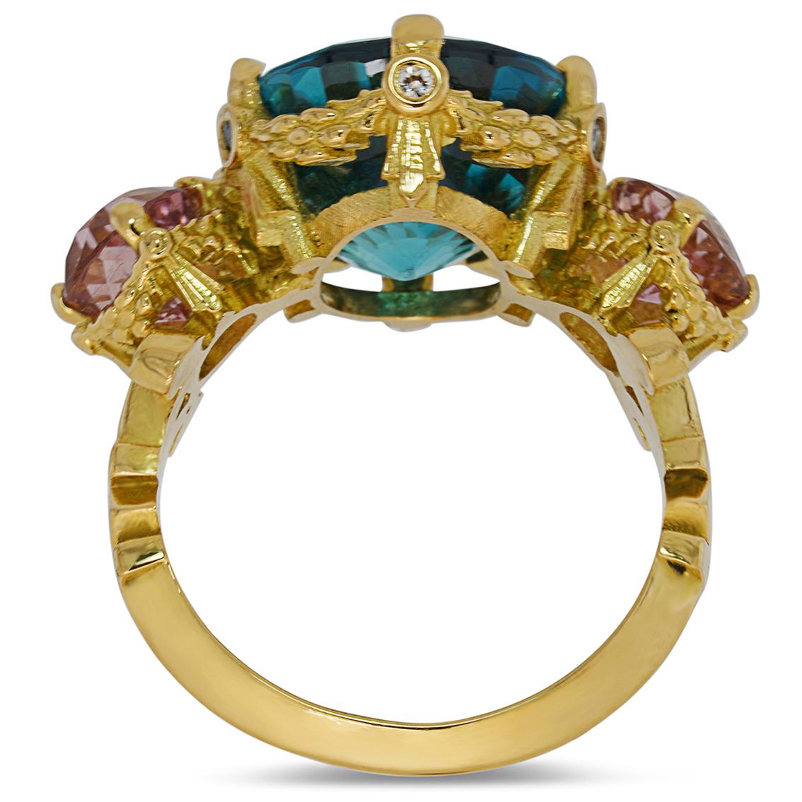 Women's Blue Zircon and Pink Tourmalines gold ring  For Sale