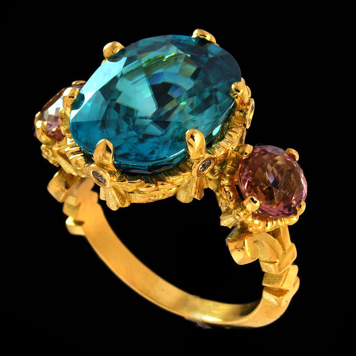 Blue Zircon and Pink Tourmalines gold ring  For Sale 1