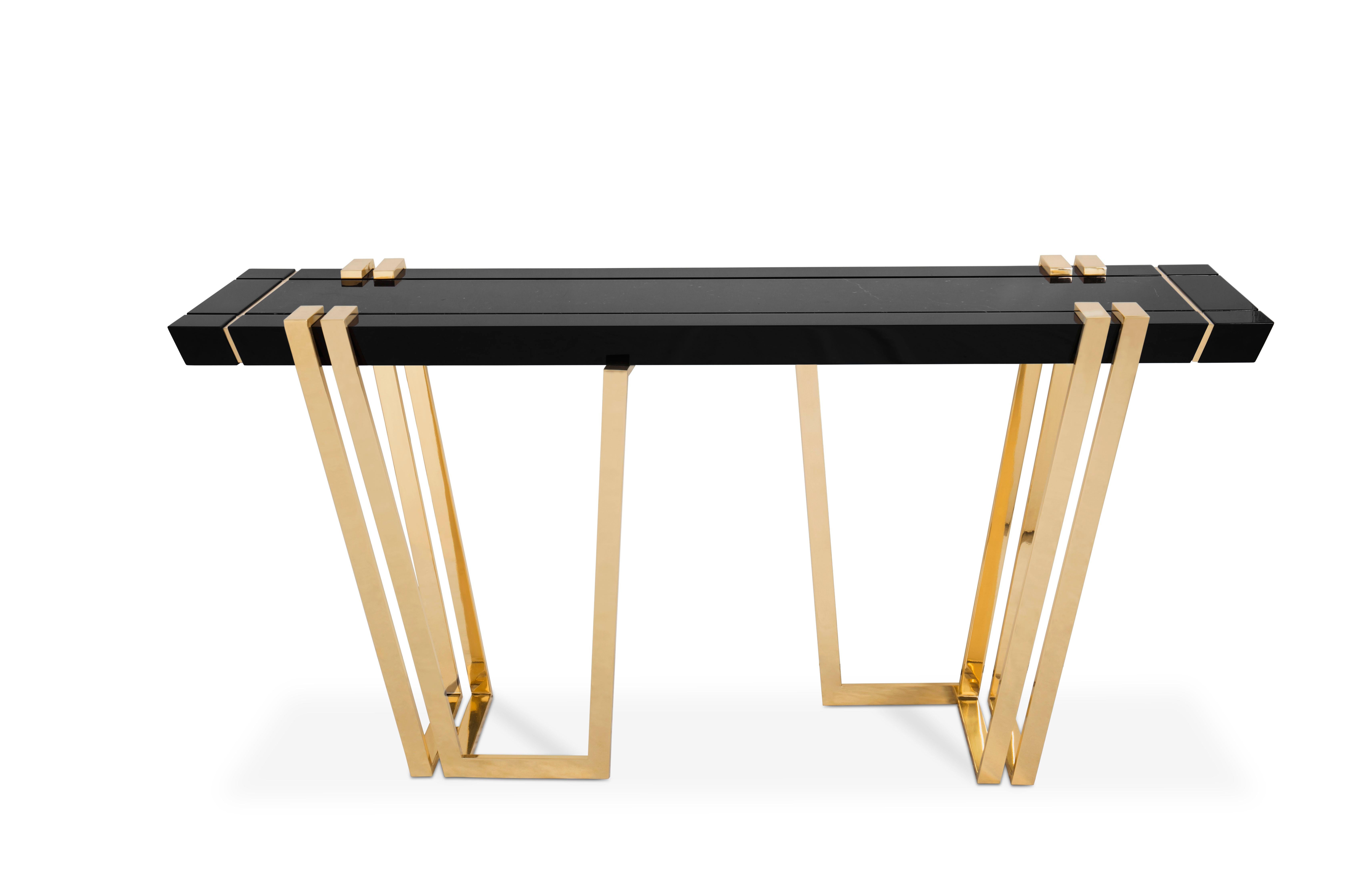 Modern Apotheosis Console Table with Brass Base and Black Marble Top For Sale