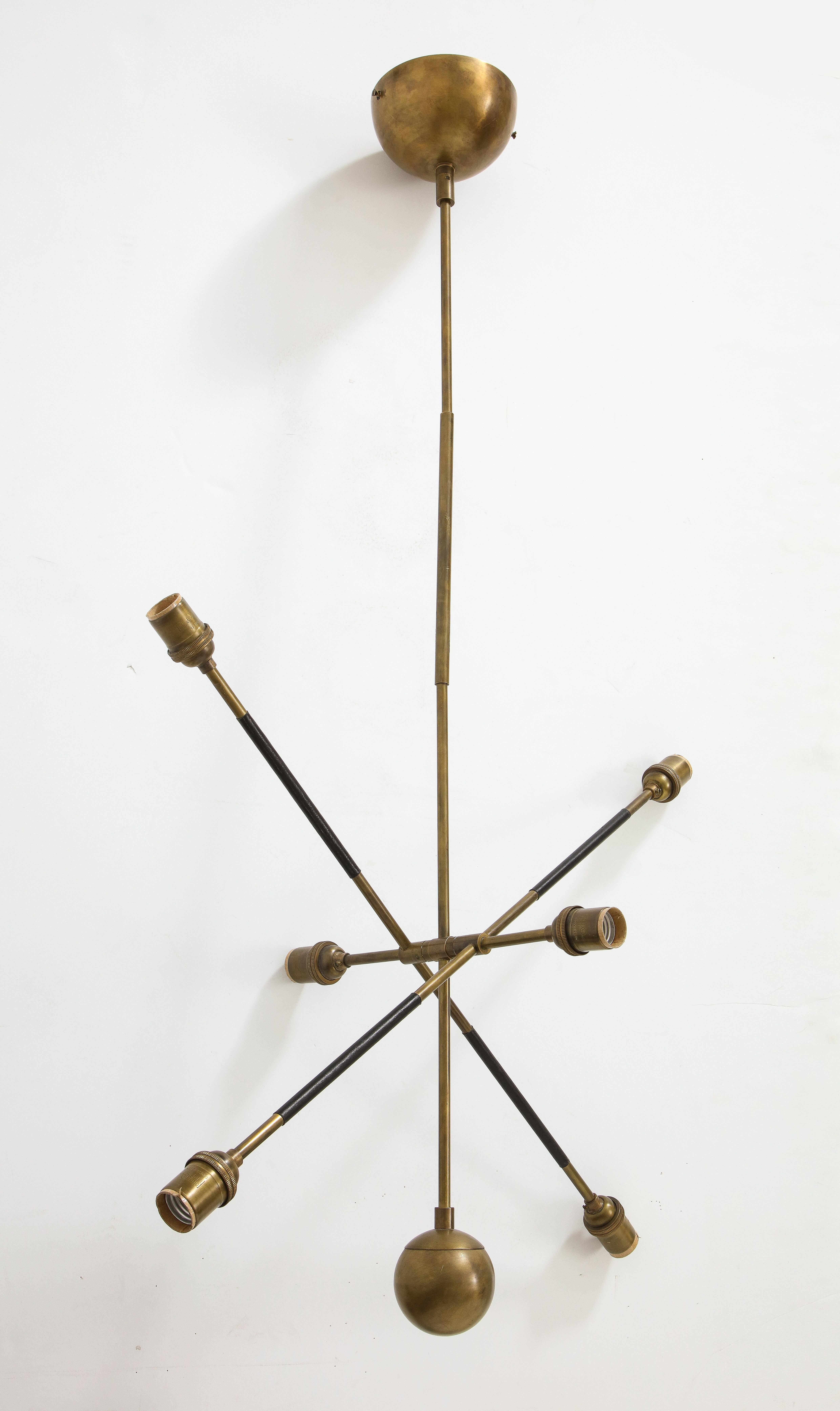 Apparatus Highwire: Tandem Small Light Fixture in Brass and Black Calfskin In Good Condition In Chicago, IL