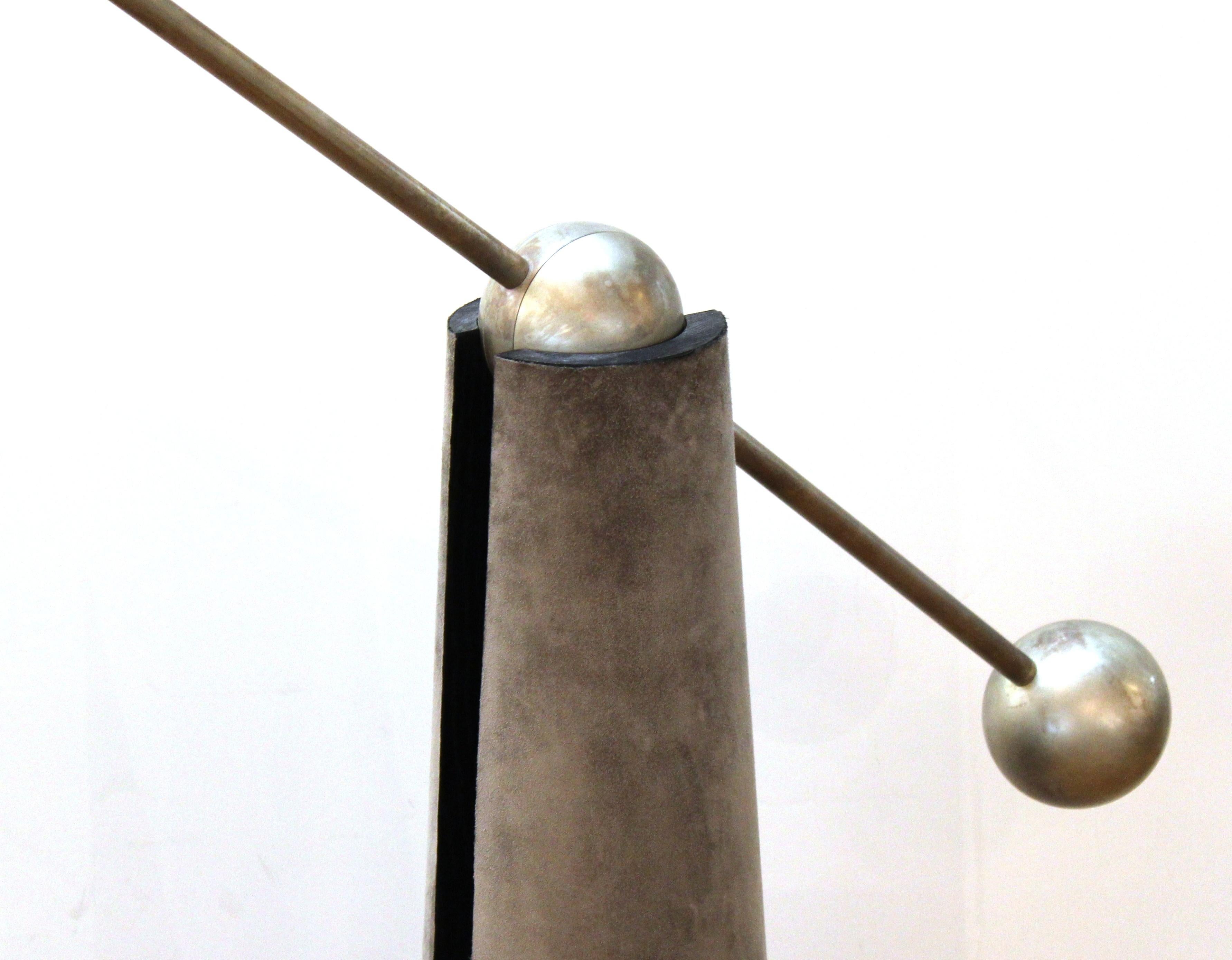 Apparatus 'Metronome' contemporary minimalist floor lamp with hand-wrapped calf suede conical base and articulating polished metal arm.