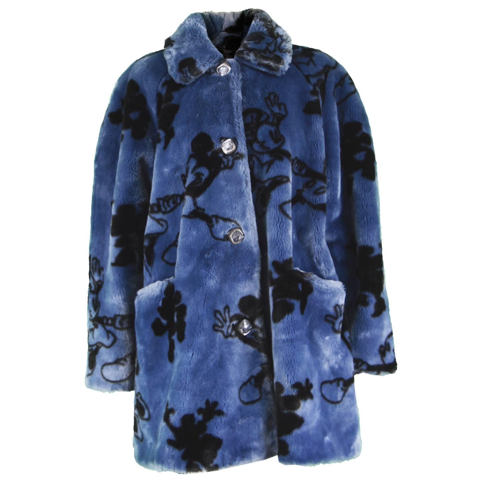 Apparence Paris Mickey & Minnie Mouse Blue Faux Fur Vintage Coat, 1990s For Sale