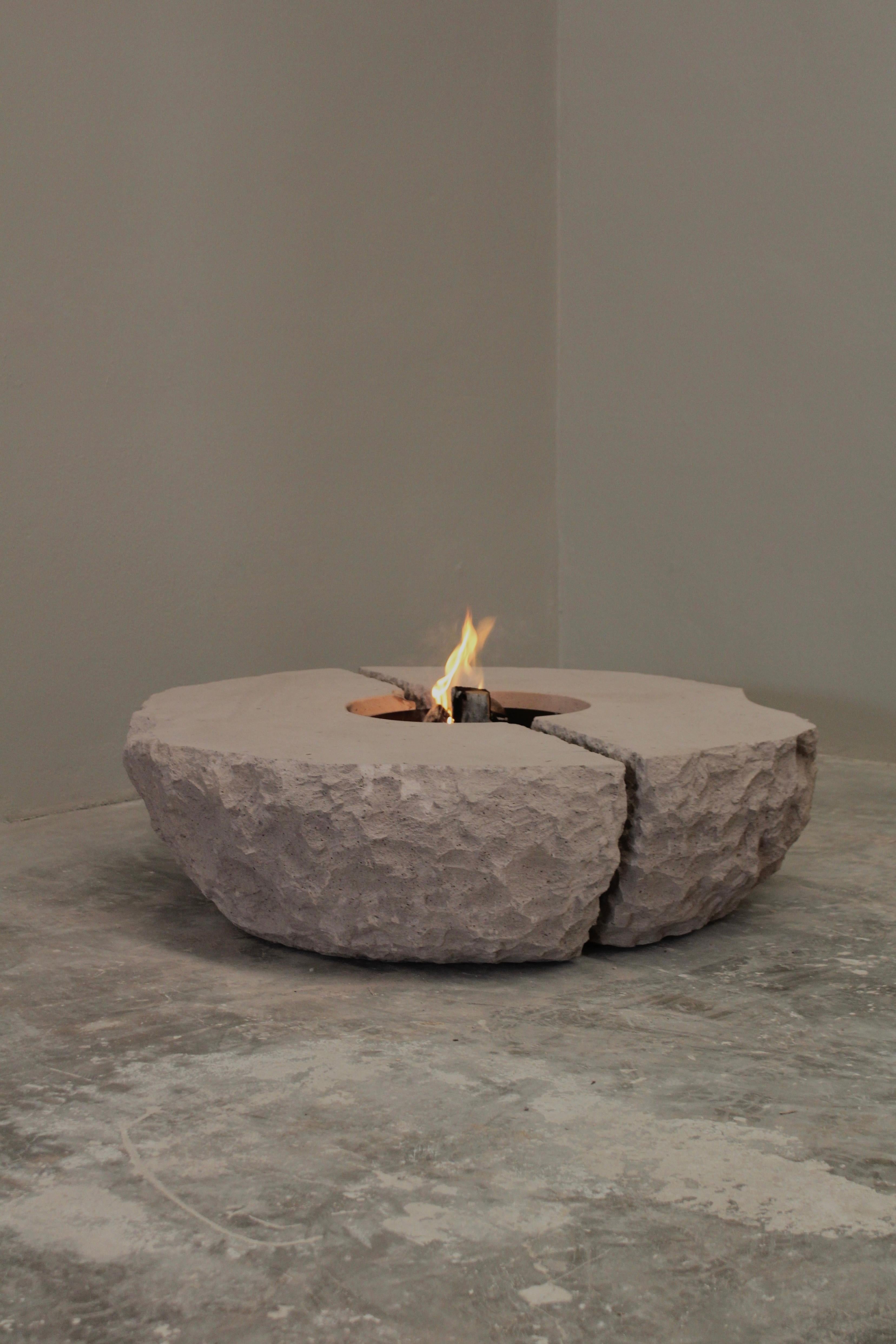 Apparentia Fire Table by Andres Monnier
Unique Piece.
Dimensions: D 150 x W 150 x H 40 cm.
Materials: Grey Quarry stone.

Treko Concrete is a Mexican studio based in Ensenada, that aims to create functional handcrafted furniture and sculptural