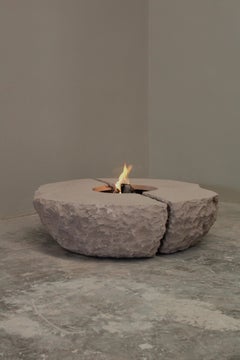 Organic Split Form Grey Stone Fire Table with Center Opening by Andres Monnier