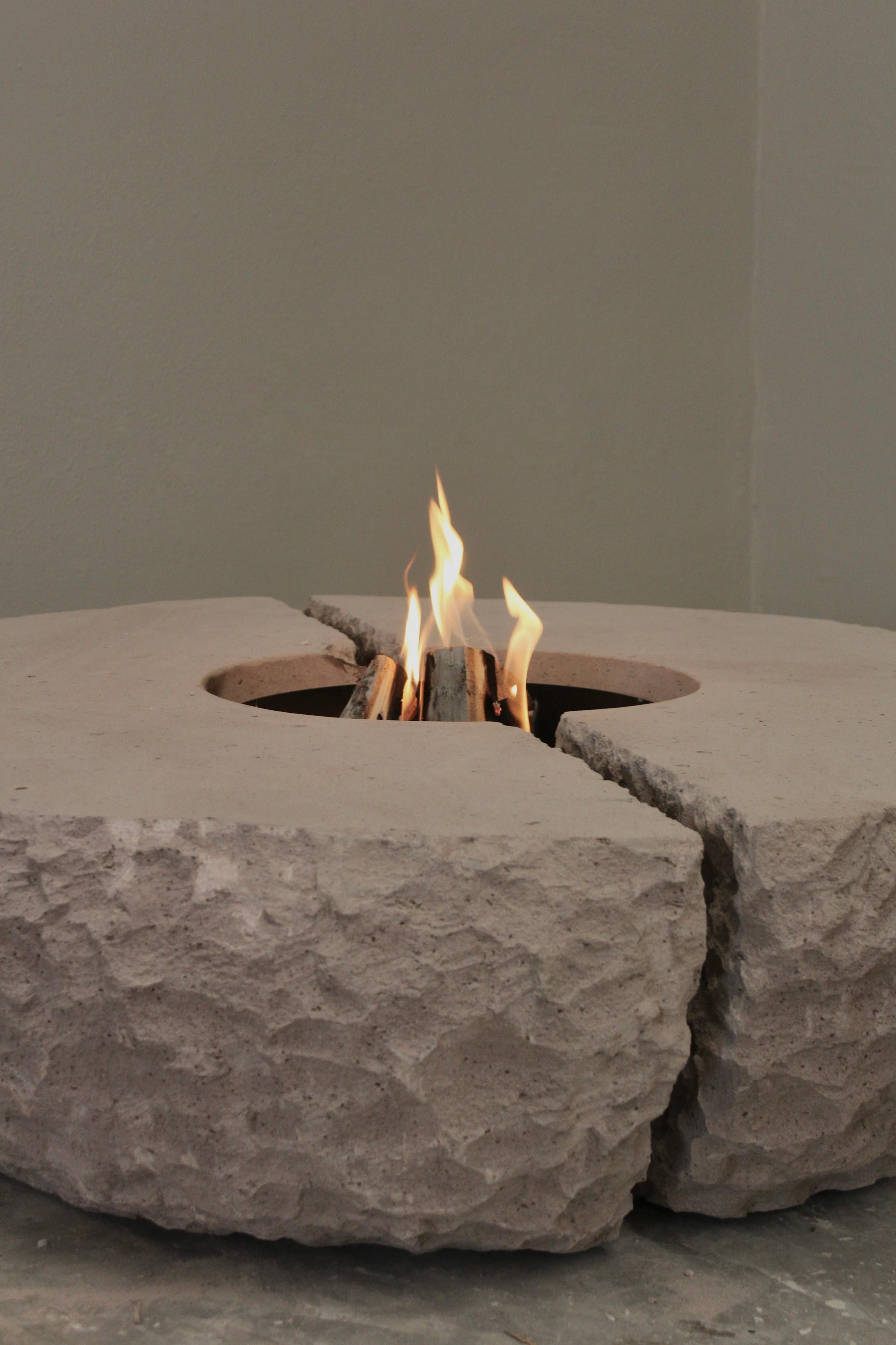Mexican Organic Split Form Grey Stone Fire Table with Center Opening by Andres Monnier For Sale