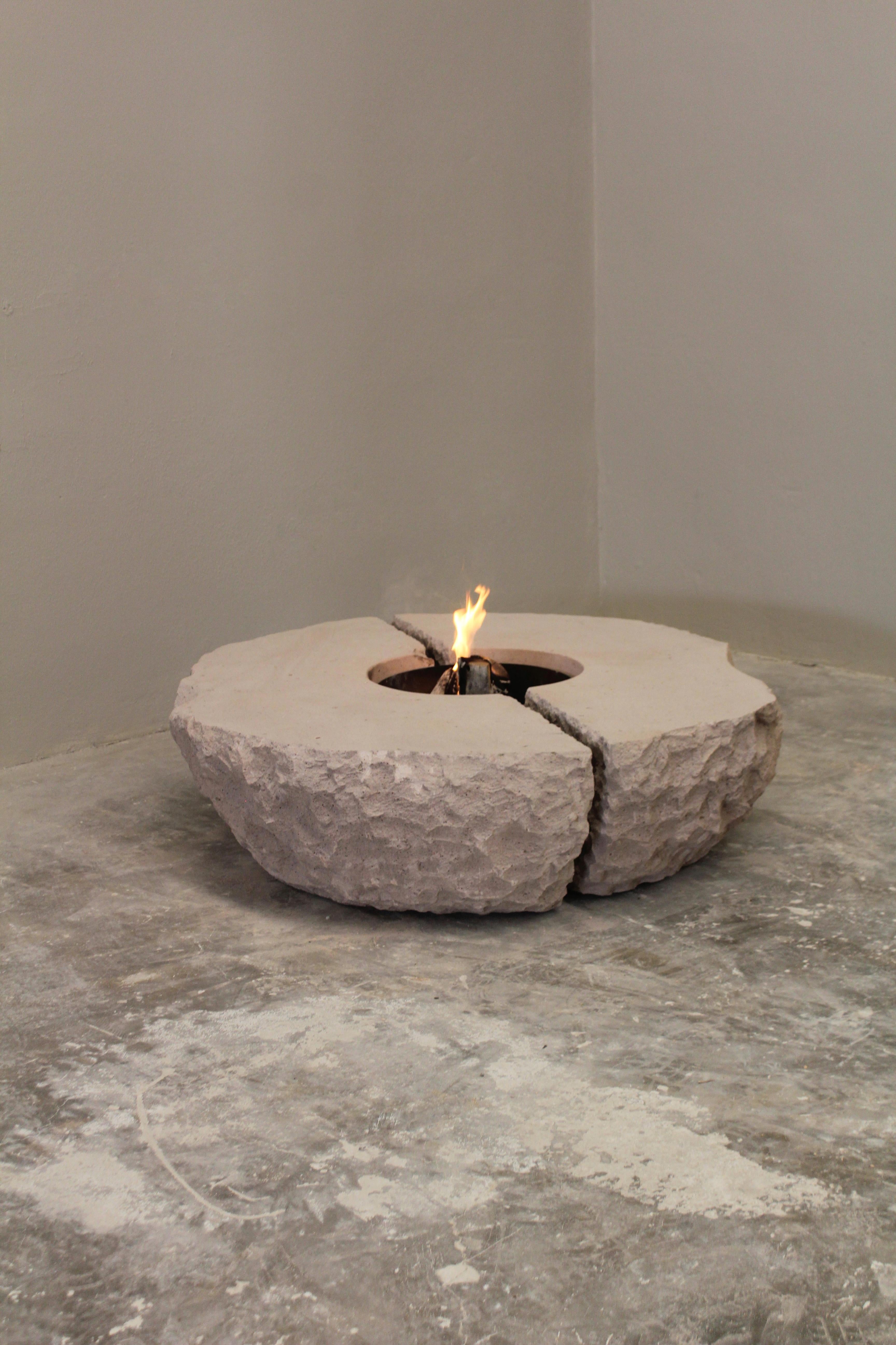 Other Organic Split Form Grey Stone Fire Table with Center Opening by Andres Monnier For Sale