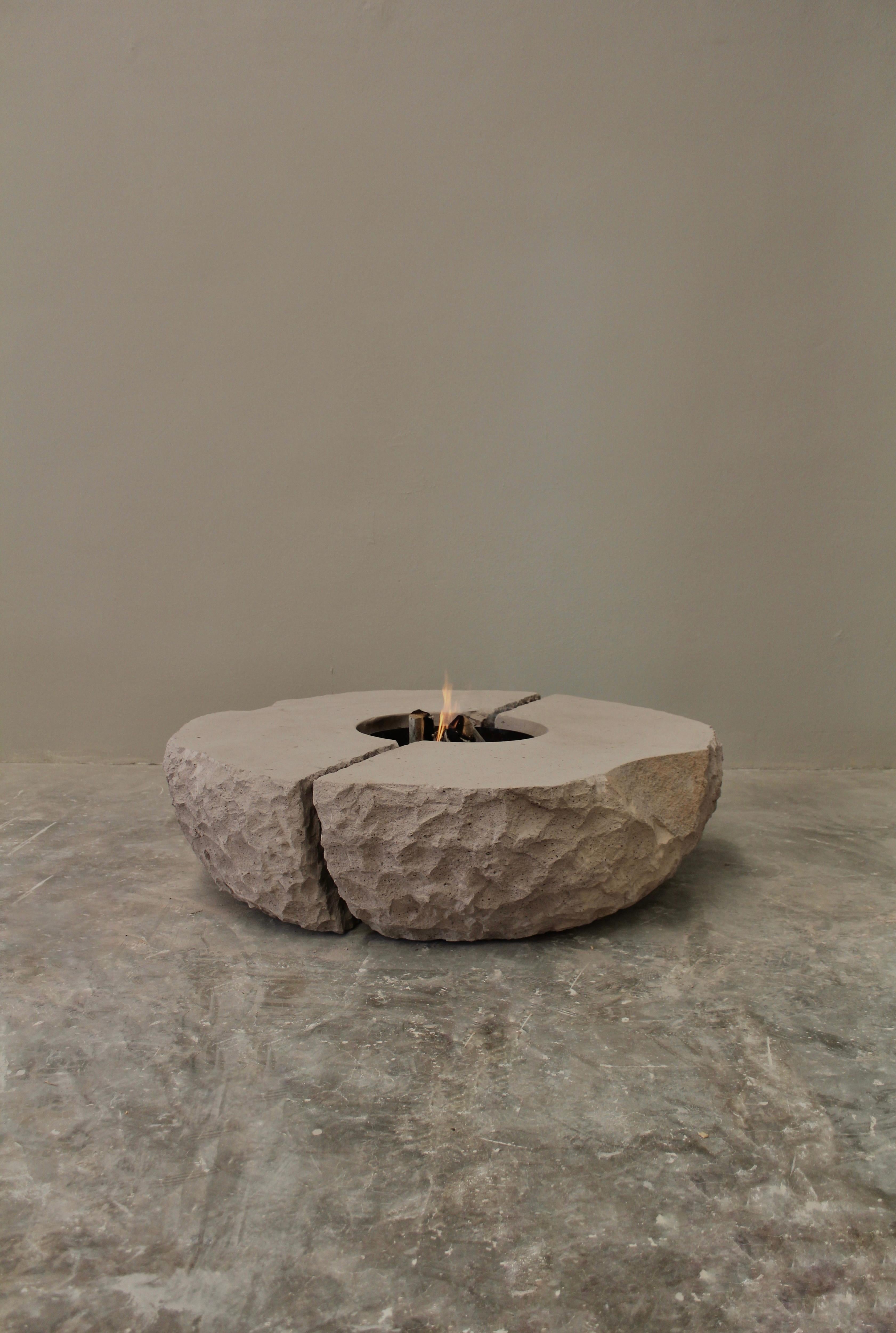 Contemporary Organic Split Form Grey Stone Fire Table with Center Opening by Andres Monnier For Sale