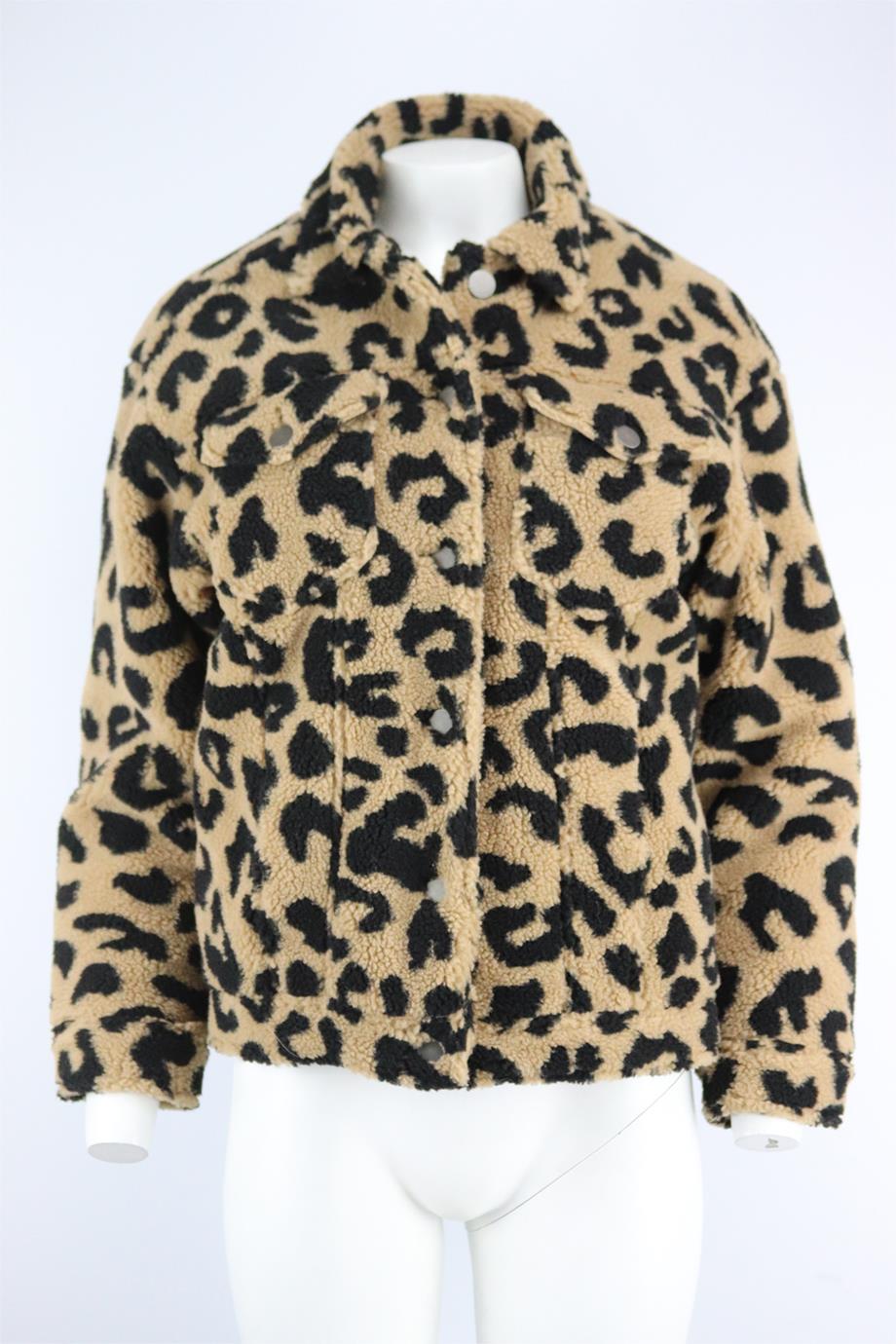 APPARIS leopard print faux shearling jacket. Brown and black. Long sleeve, v-neck. Button fastening at front. 100% Polyester; lining: 100% polyester. Size: Small (UK 8, US 4, FR 36, IT 40). Shoulder to shoulder: 20 in. Bust: 44 in. Waist: 42 in.