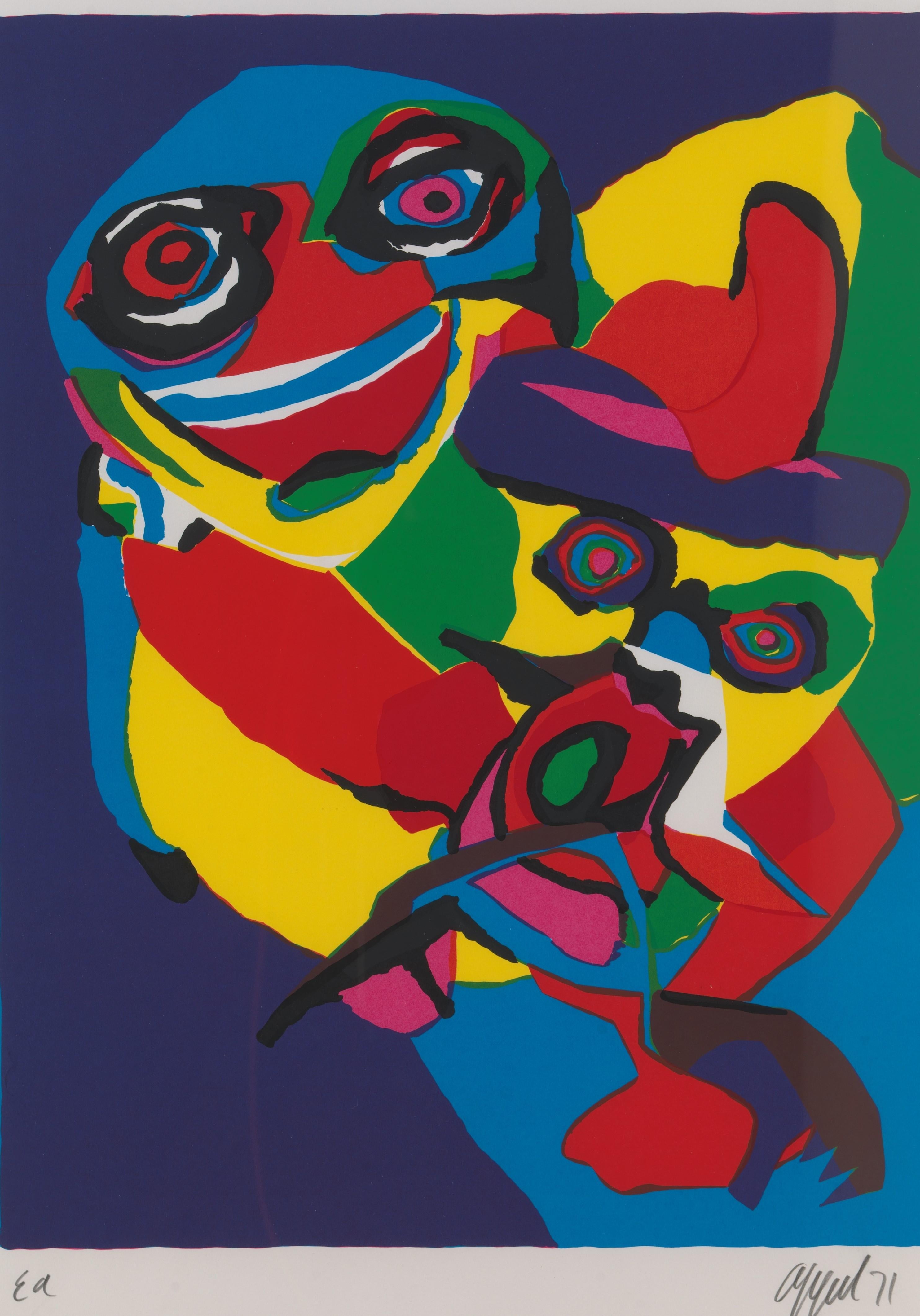 Extraordinary screen print from 1971 by Artist Karel Appel (1921-2006): expressive and bold composition and colors. Pencil signed 'EA' and dated 'Appel 71’. An artist’s proof, aside from the edition of 100. Dimensions are 73 cm x 103 cm with frame