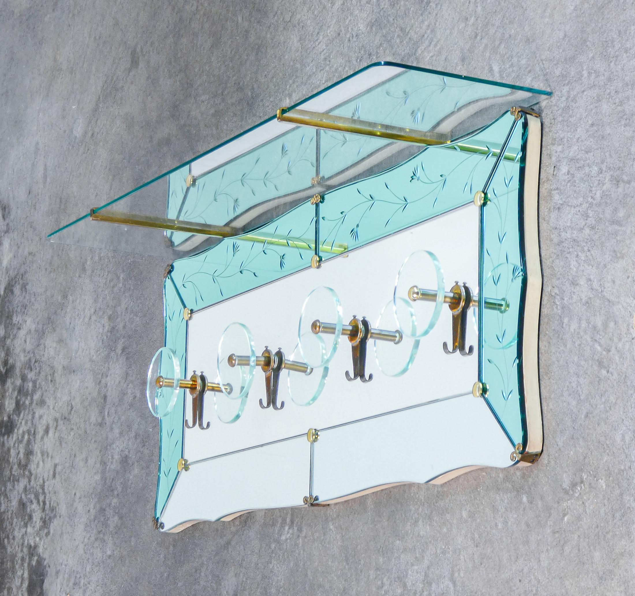 Italian Appendiabiti CRISTAL ART in bronzo, specchio molato e vetro. Italia, Anni 40/50 in vendita