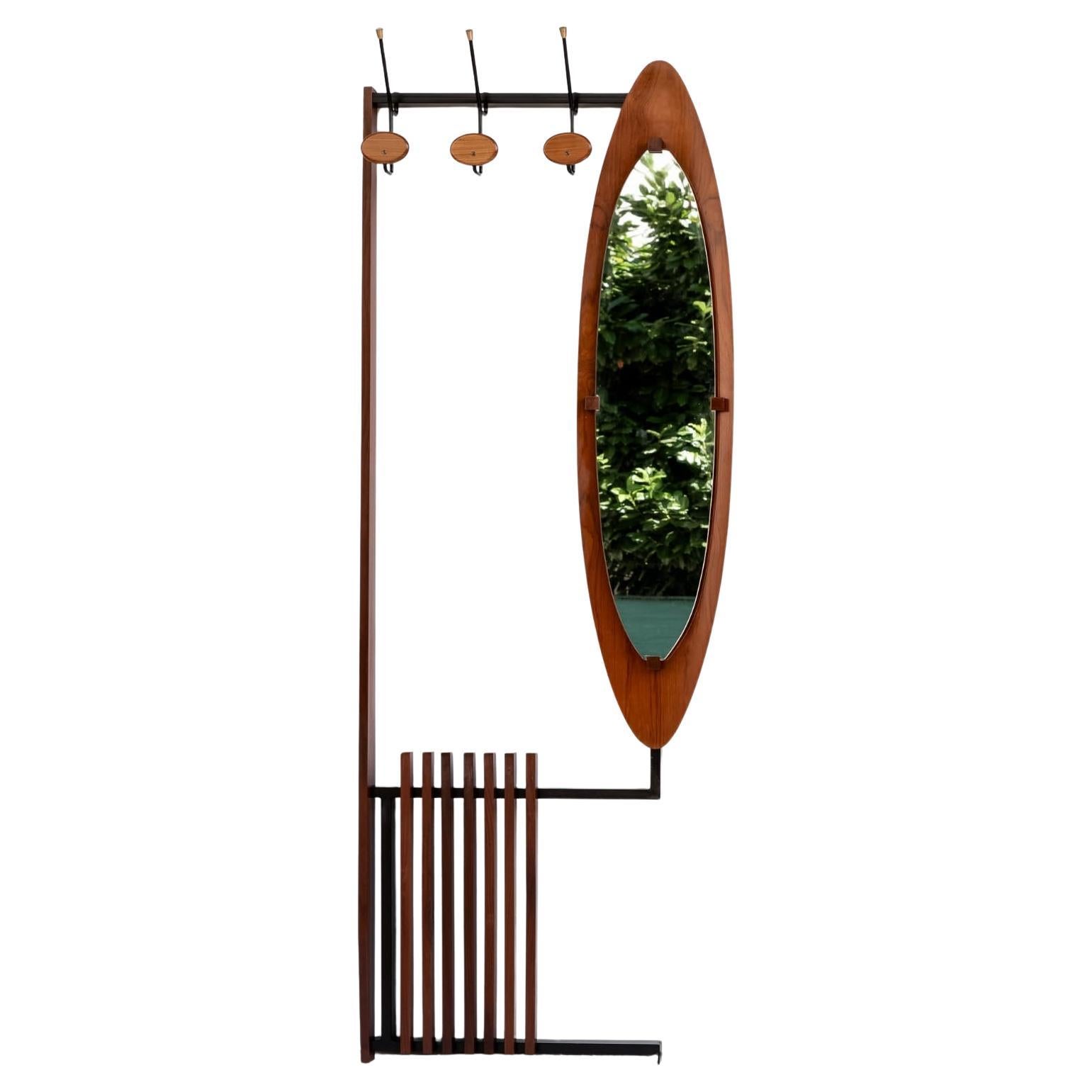 Appendiabiti da parete con Specchio in teak, Anni 60 in vendita