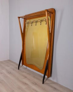 Porte-manteau mural vintage des années 50 en bois et verre décoré design italien
