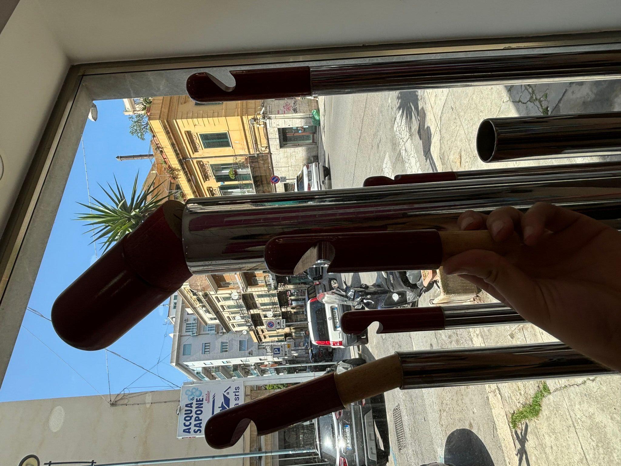 Memphis Milano vintage chrome coat rack with red wood nserti 1970s In Good Condition For Sale In Palermo, IT