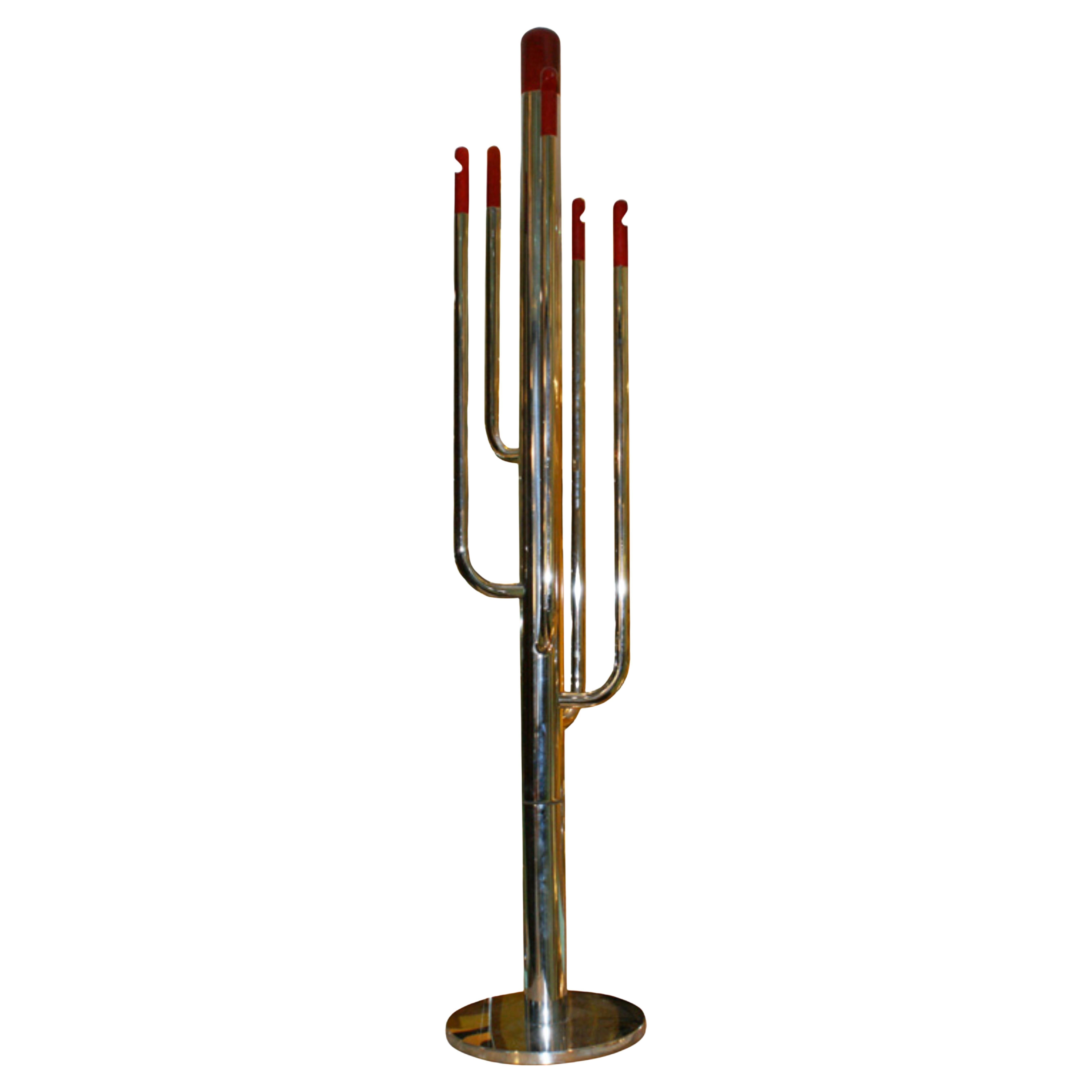 Memphis Milano vintage chrome coat rack with red wood nserti 1970s For Sale