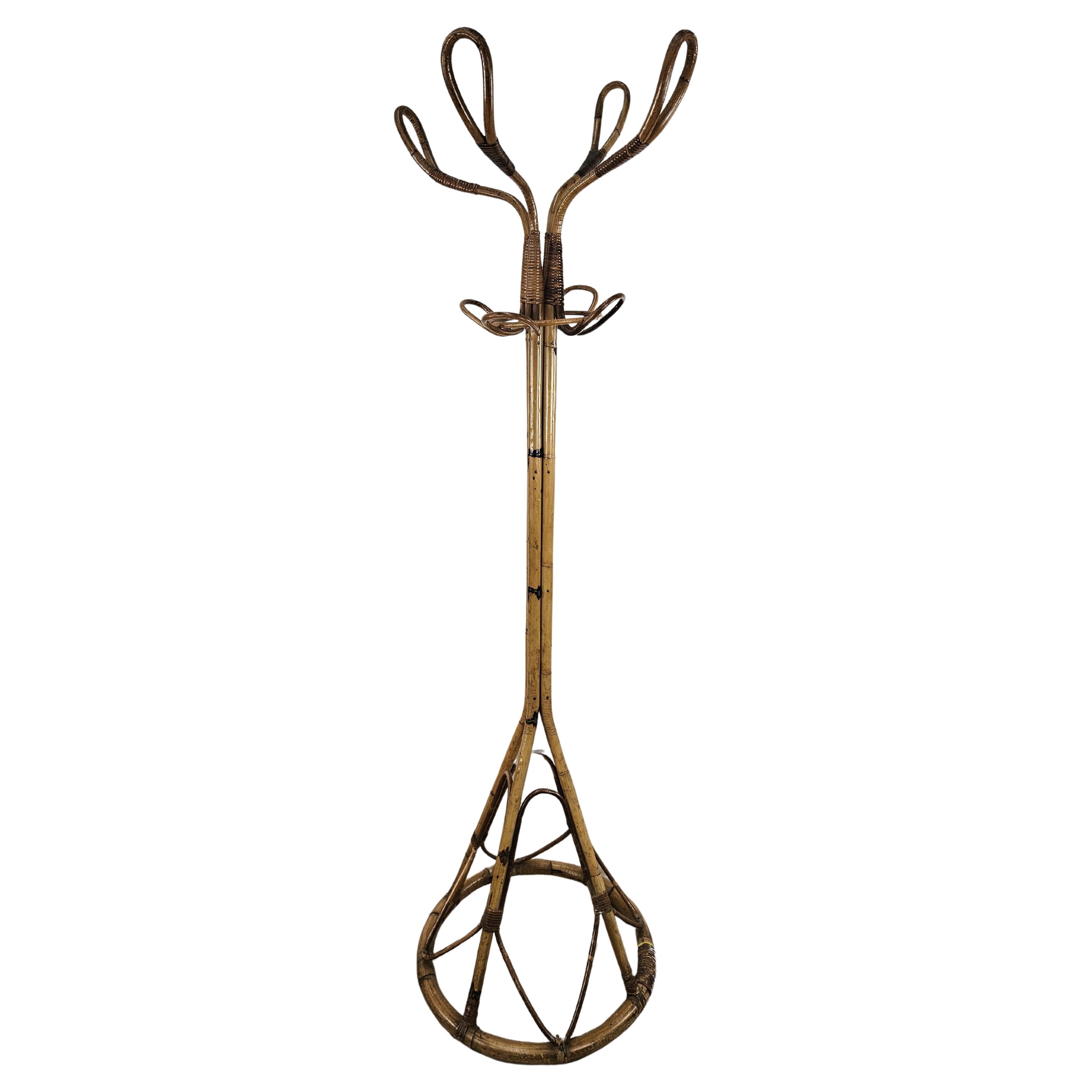Vintage wicker and bamboo 1970s coat rack