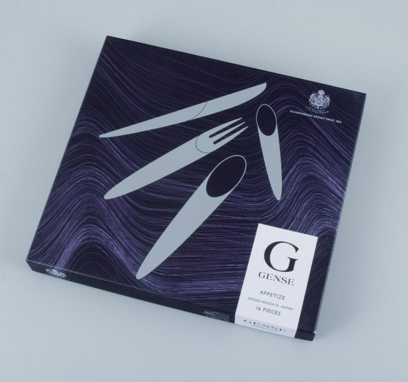 Appetize, Nedda El-Asmar for Gense, Sweden.
Starter cutlery set in stainless steel. 
16 Pieces of cutlery: 4 knives, 4 spoons, 4 forks and 4 coffee spoons. 
Late 20th century
In perfect condition.
Marked.
Knife dimensions: 24.0 x 2.0 cm.
Fork
