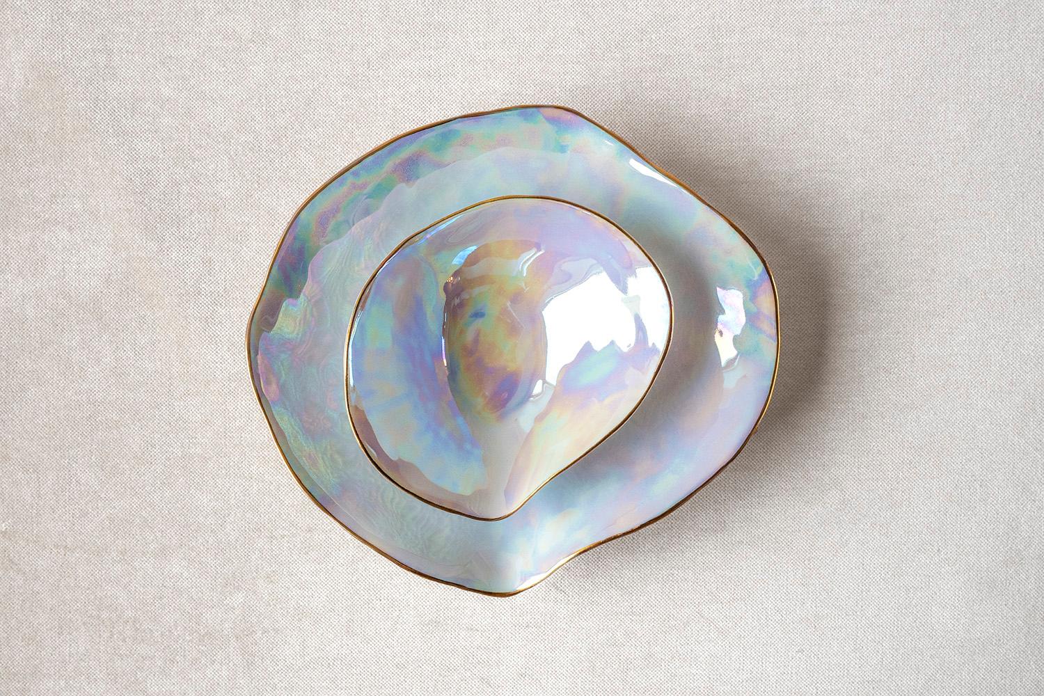 French Appetizer Set Indulge Nº2+Nº5/ iridescent /Handmade Porcelain Tableware For Sale