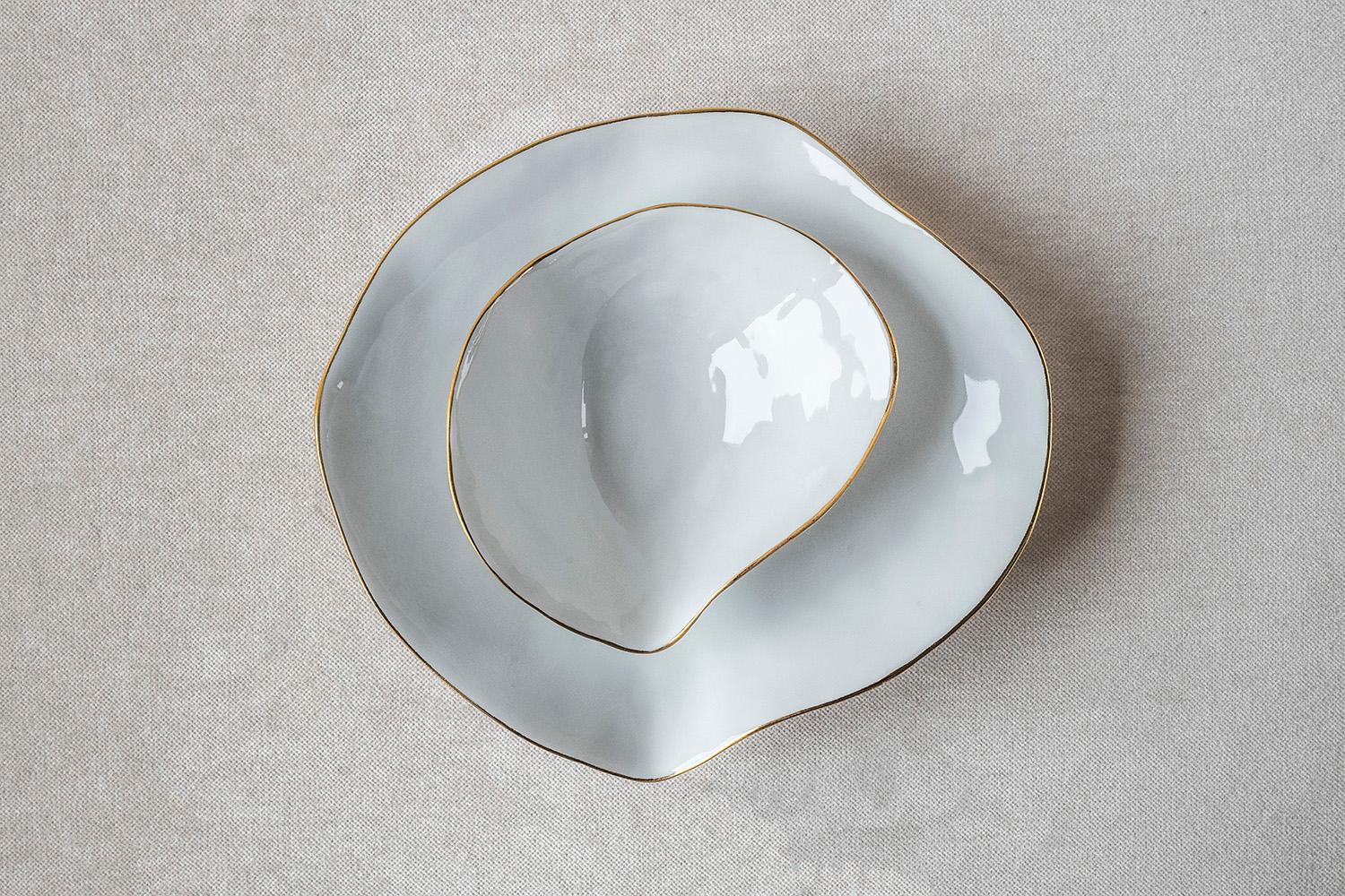 French Appetizer Set Indulge Nº2+Nº5/ White+Golden Rim /Handmade Porcelain Tableware For Sale