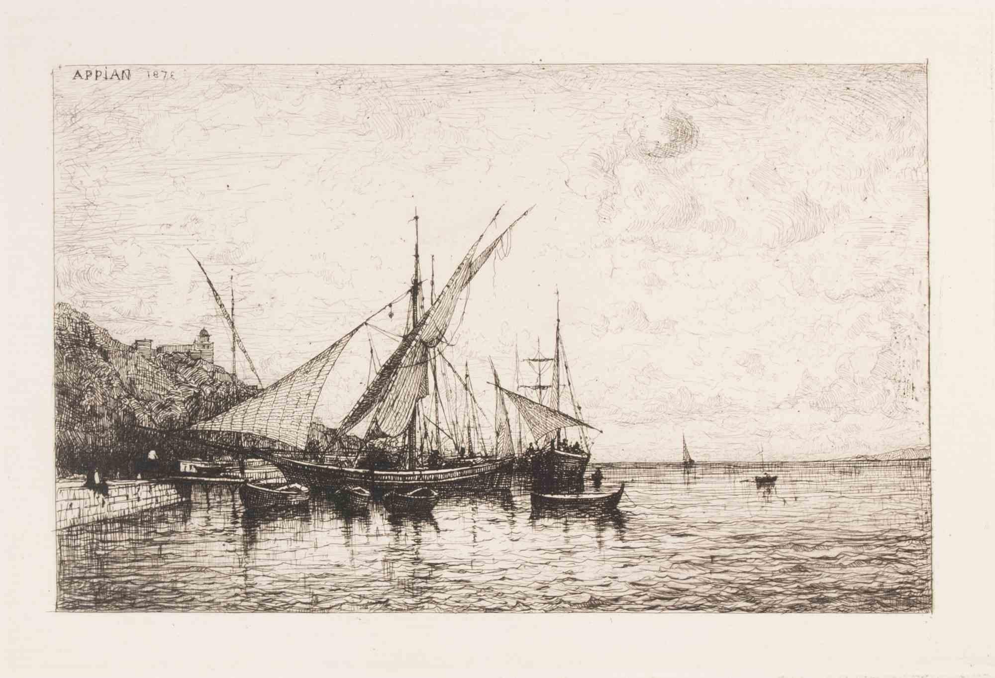 Le Port de Monaco - Etching by Appian - 1874 For Sale 1