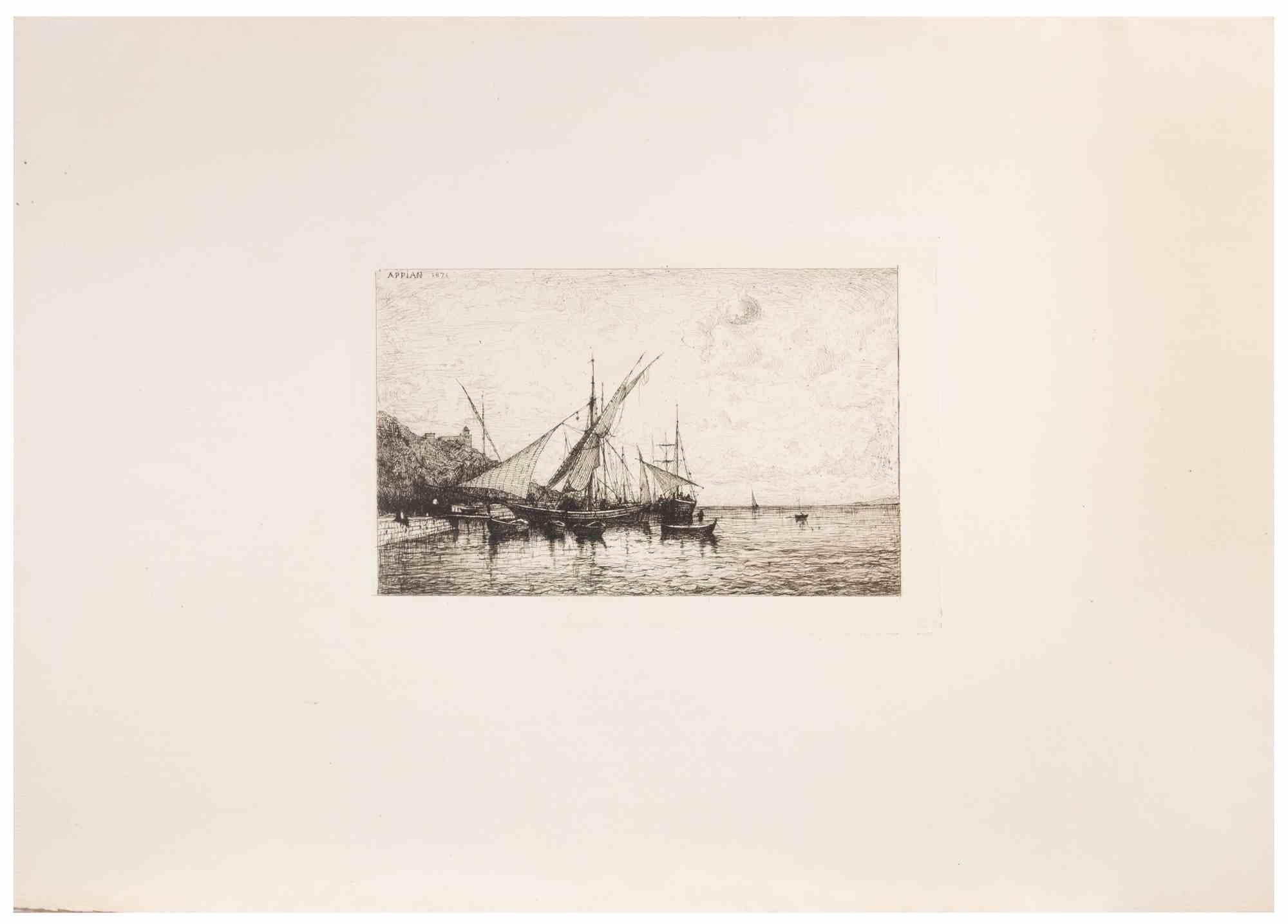 Le Port de Monaco ist ein von Appian realisiertes Kunstwerk.

Radierung, entstanden 1874.

Blatt 158 x 237 mm.

Curtis und Prouté 36.

Treffen eines sehr schönen Probedrucks auf weißem Bütten, aus dem 1. Zustand (von 2), vor jedem Brief, mit sehr