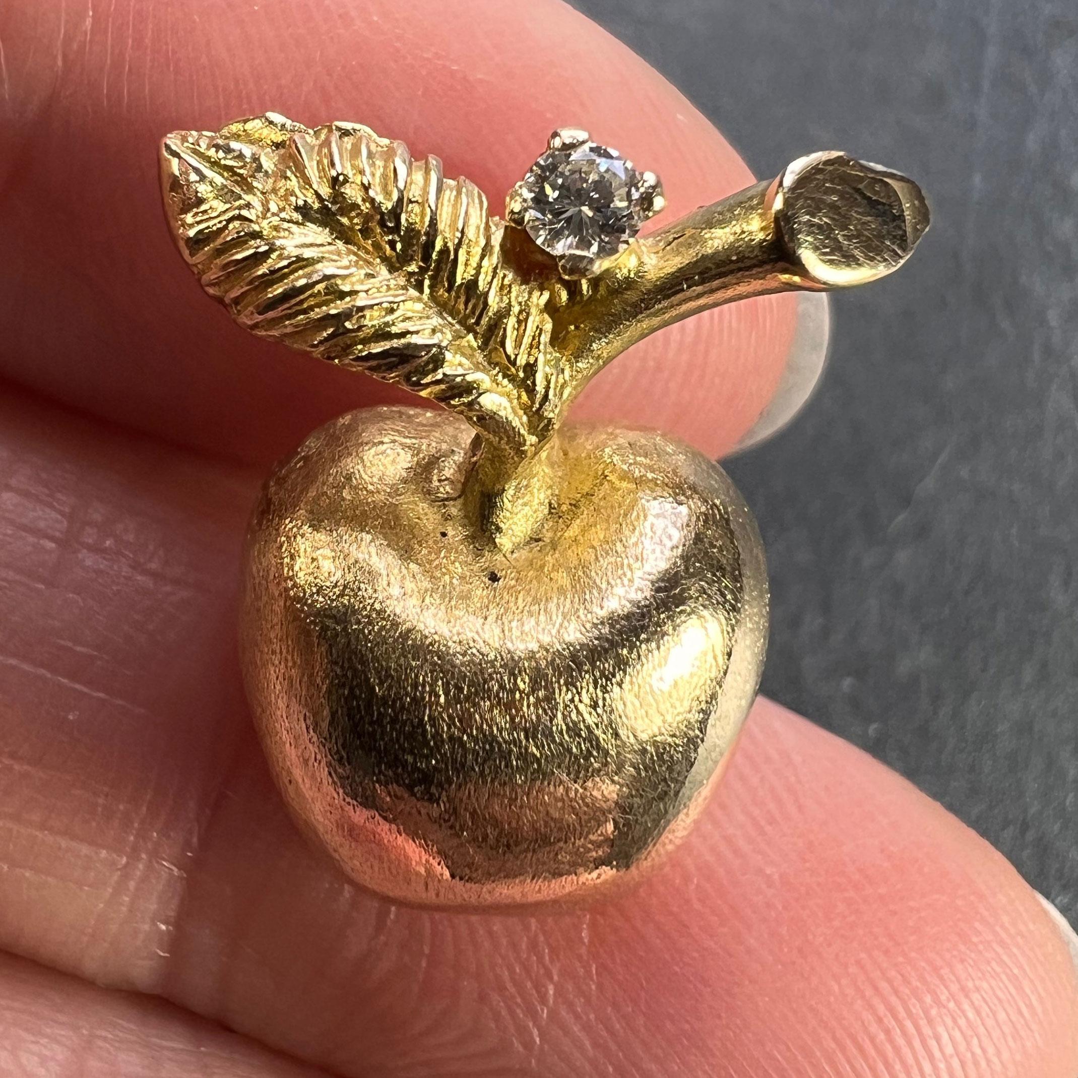Women's or Men's Apple 14K Yellow Gold Diamond Fruit Charm Pendant