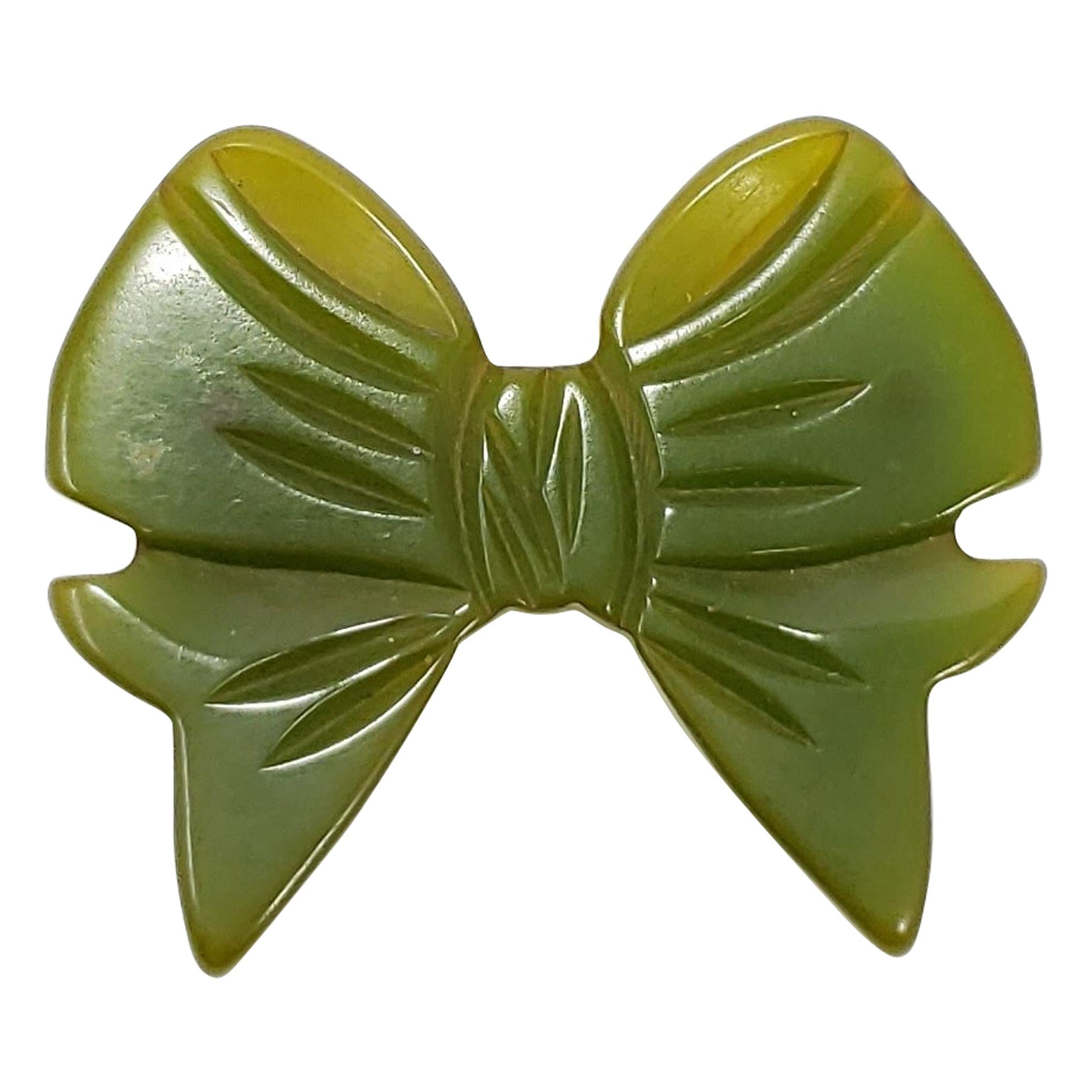Apple Green Accented Bakelite Bow Pin Brooch, Early 1900s