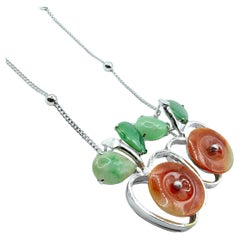 Apple Green & Honey Red Jadeite Jade Apple Pendant in White Gold Plated Silver