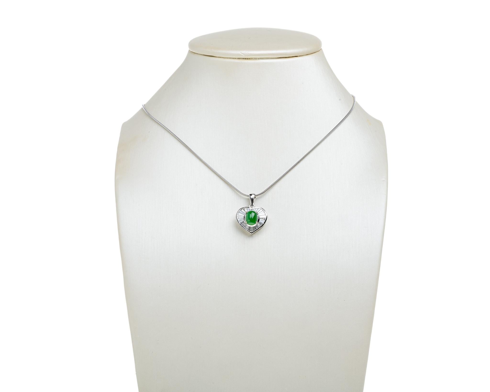Women's or Men's Apple Green Jadeite Jade and Diamond Heart Pendant, Certified Untreated For Sale