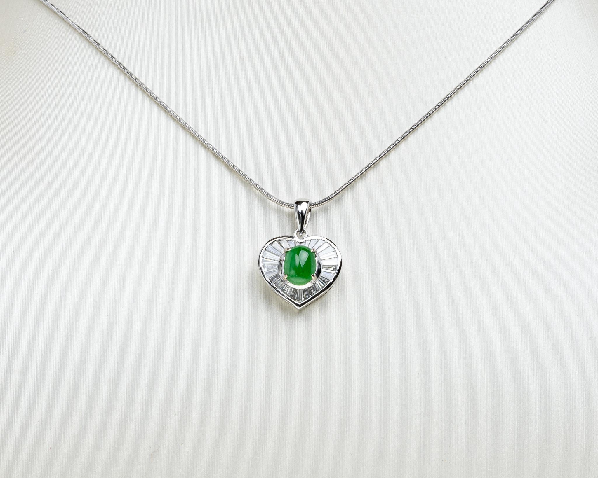 Apple Green Jadeite Jade and Diamond Heart Pendant, Certified Untreated For Sale 1