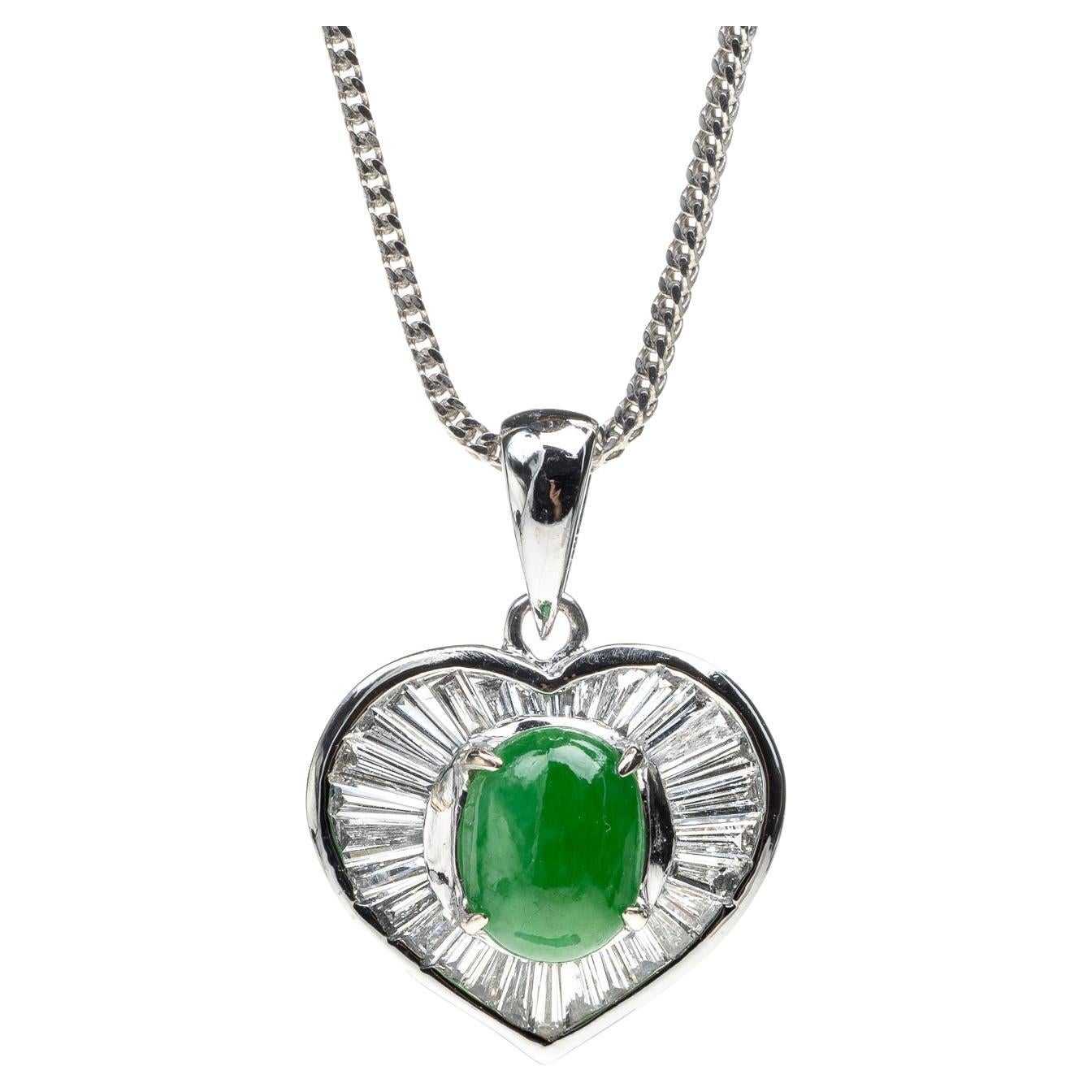 Apple Green Jadeite Jade and Diamond Heart Pendant, Certified Untreated For Sale
