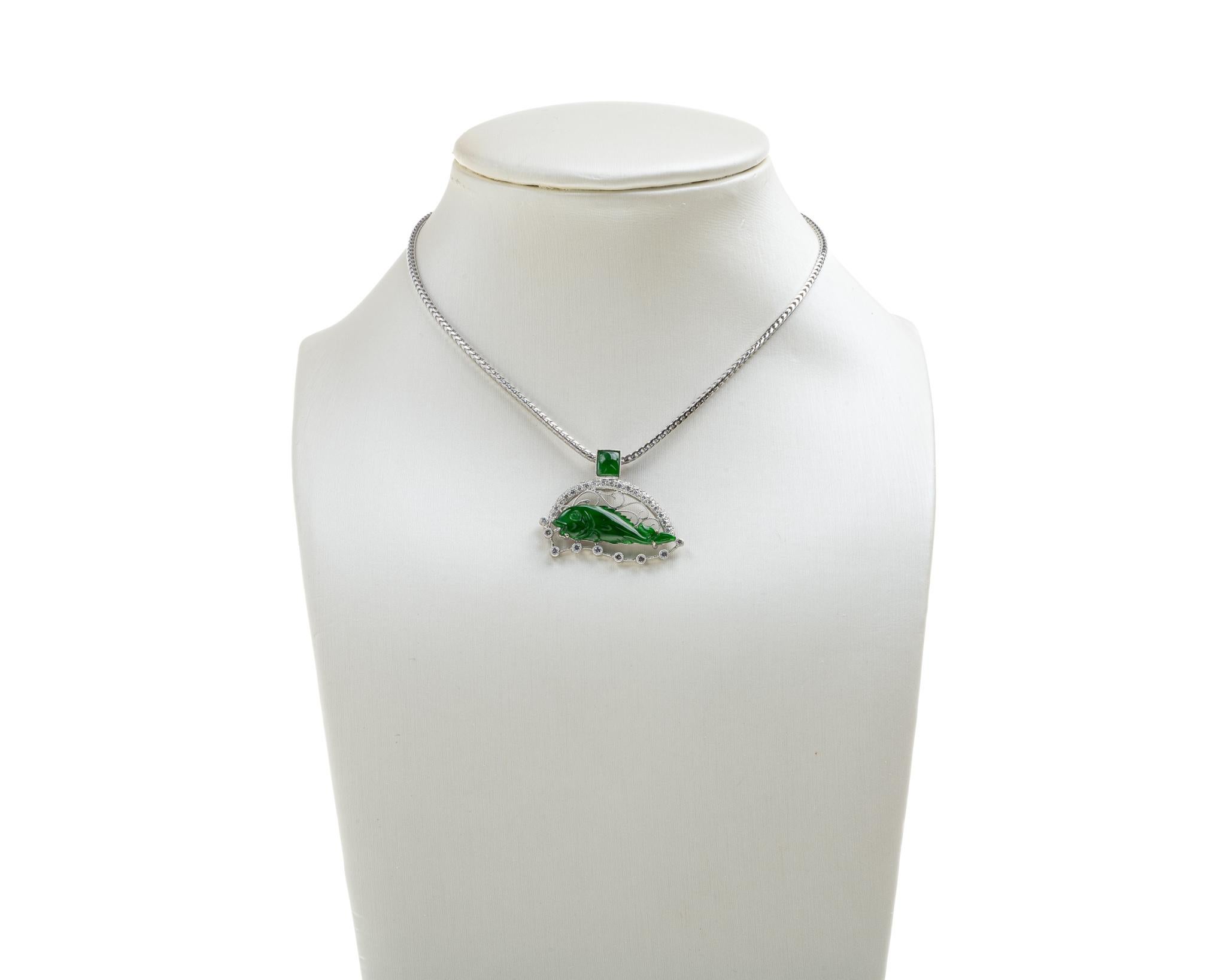 Contemporary Apple Green Jadeite Jade Fish and Diamond Pendant, Certified Untreated For Sale