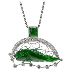 Apple Green Jadeite Jade Fish and Diamond Pendant, Certified Untreated