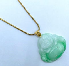 Apple Green Jadeite Jade Happy Buddha Fine Diamond Pendant in 18K Yellow Gold