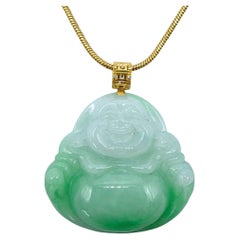 Apple Green Jadeite Jade Happy Buddha Fine Diamond Pendant in 18K Yellow Gold