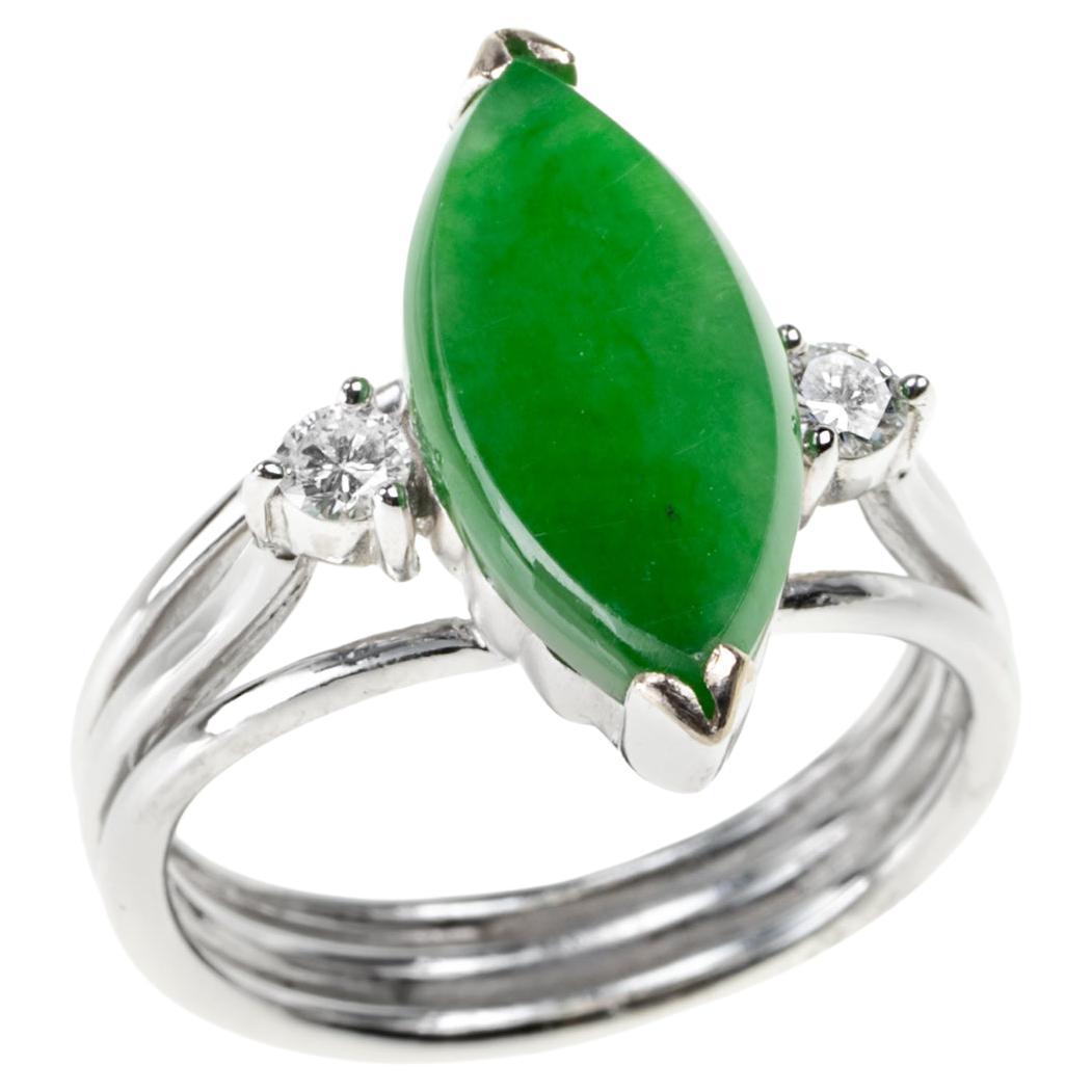 Apple Green Jadeite Jade Marquis and Diamond Ring, Certified Untreated For Sale