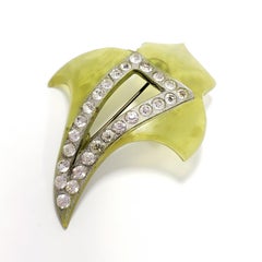 Apple Green Marbled Bakelite Crystal Encrusted Leaf Pin Brooch, Early 1900