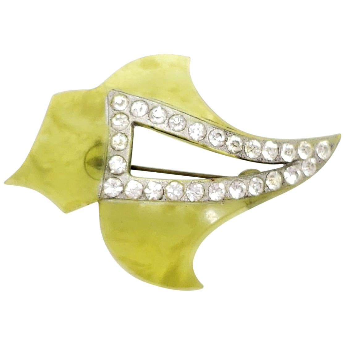 Apple Green Marbled Bakelite Crystal Encrusted Leaf Pin Brooch, Early 1900 For Sale