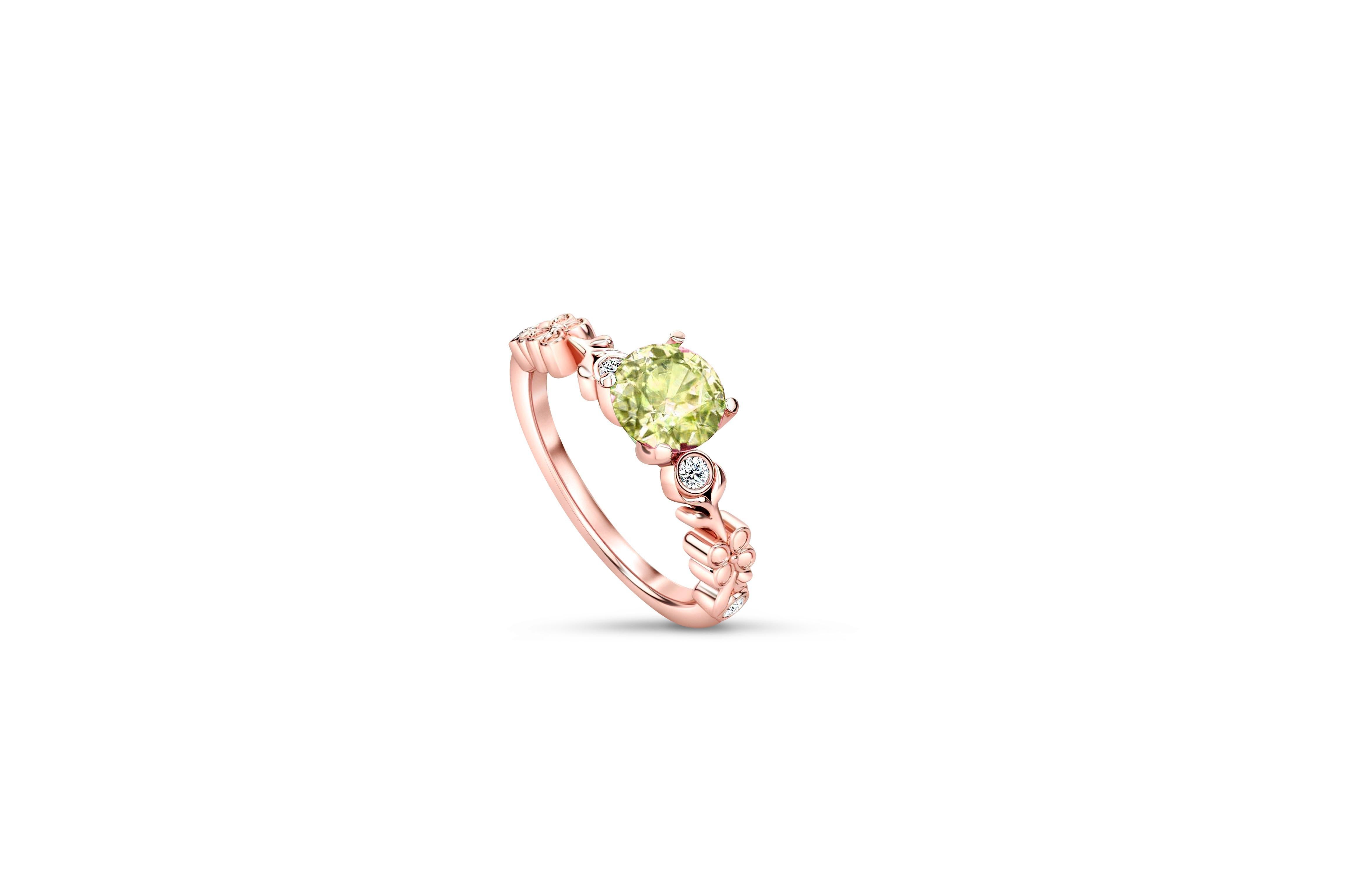 Round Cut Apple green peridot 14 gold ring.