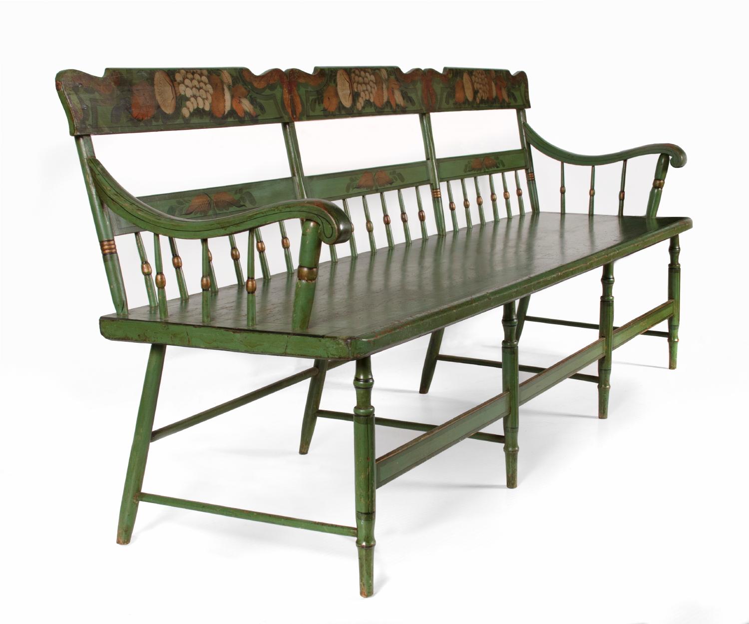 Mid-19th century, plank seat, paint-decorated settee in apple green with bell flowers, grapes & flora, 1845-1865

Paint-decorated, Pennsylvania, plank-seat settee of the mid-19th century (1845-65), in the half-spindle-back style with an angel wing