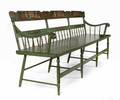 Apple Green, Plank Seat, Paint-Decorated Settee, ca 1845-1865