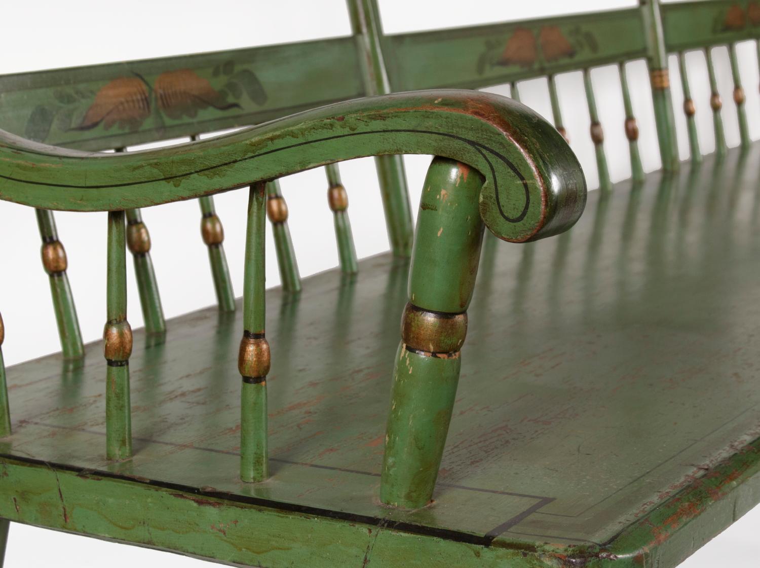 American Apple Green, Plank Seat, Paint-Decorated Settee, ca 1845-1865 For Sale