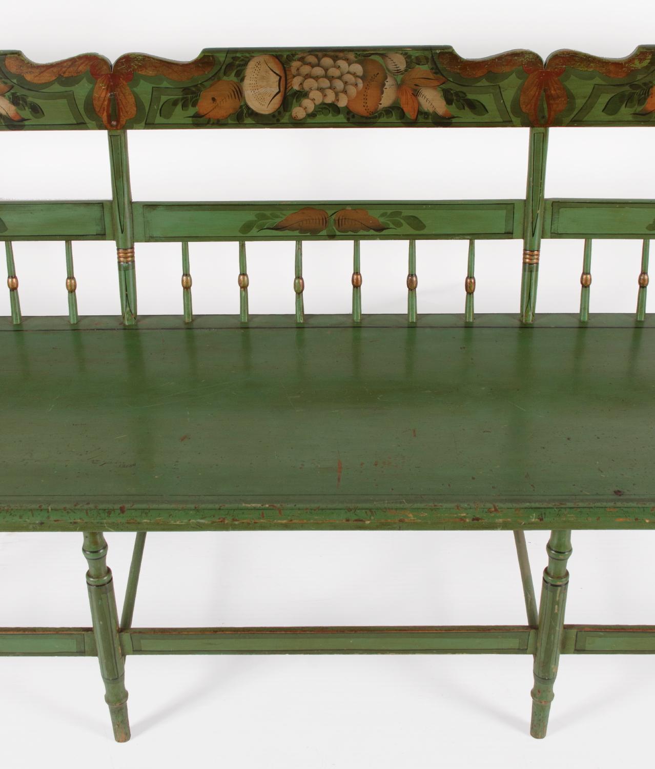 Apple Green, Plank Seat, Paint-Decorated Settee, ca 1845-1865 In Good Condition For Sale In York County, PA