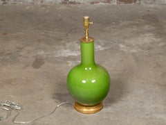 Apple Green Porcelain Vase Table Lamp on Gilt Base, Wired for the USA