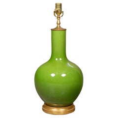 Apple Green Porcelain Vase Table Lamp on Gilt Base, Wired for the USA