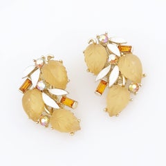 Apple Juice Thermoset Leaf and Topaz Baguette Climber Earrings By Lisner, 1960s